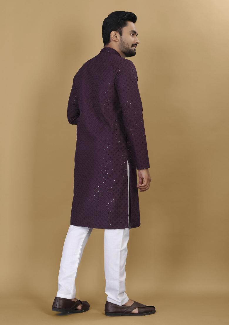 Purple Embroidered Rayon Kurta For Men - Indya