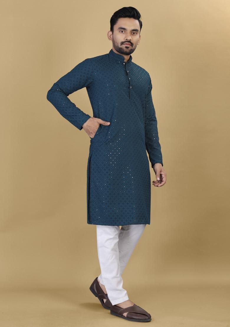 Teal Embroidered Rayon Kurta For Men - Indya