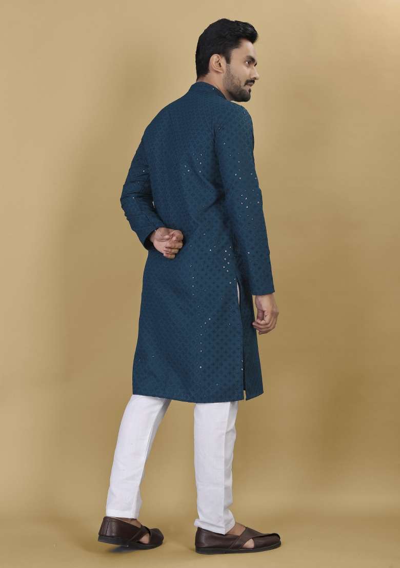 Teal Embroidered Rayon Kurta For Men - Indya