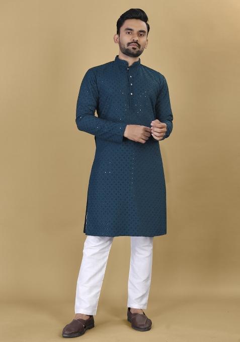 Teal Embroidered Rayon Kurta For Men