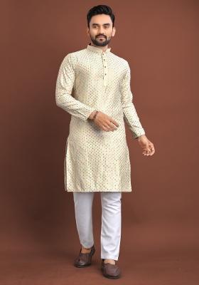 Beige Embroidered Silk Kurta For Men