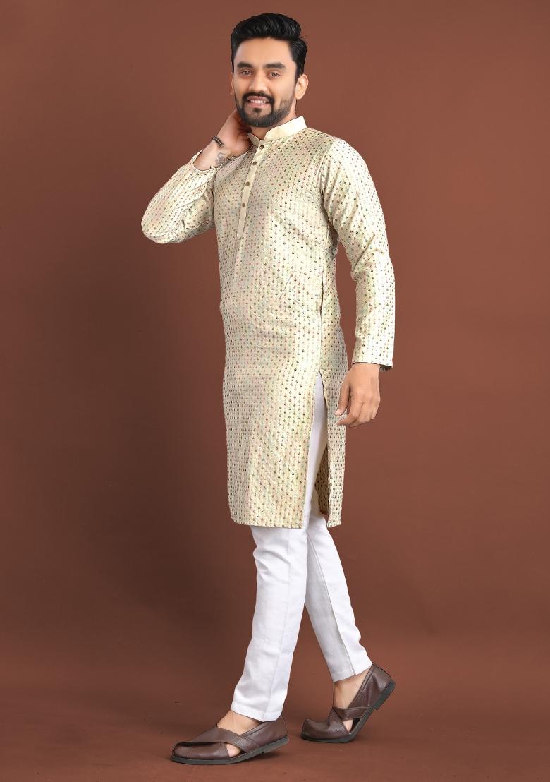 Beige Embroidered Silk Kurta For Men - Indya