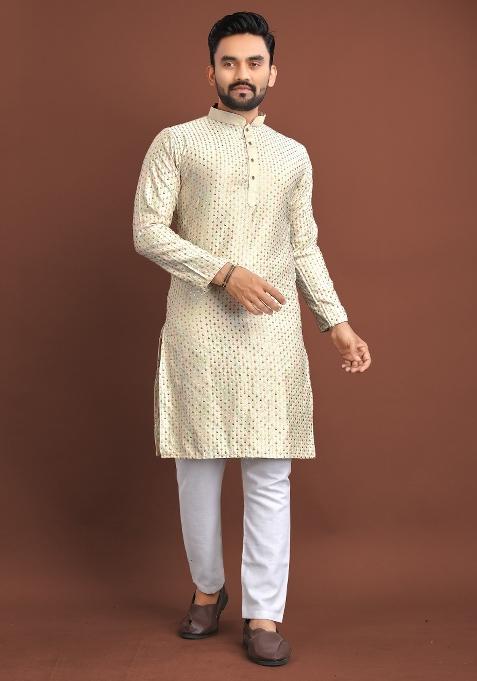 Beige Embroidered Silk Kurta For Men