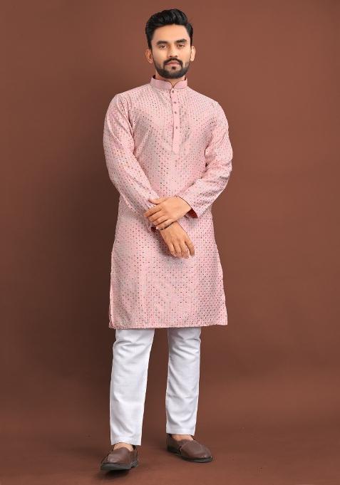 Pink Embroidered Silk Kurta For Men