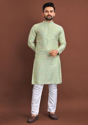Green Embroidered Silk Kurta For Men