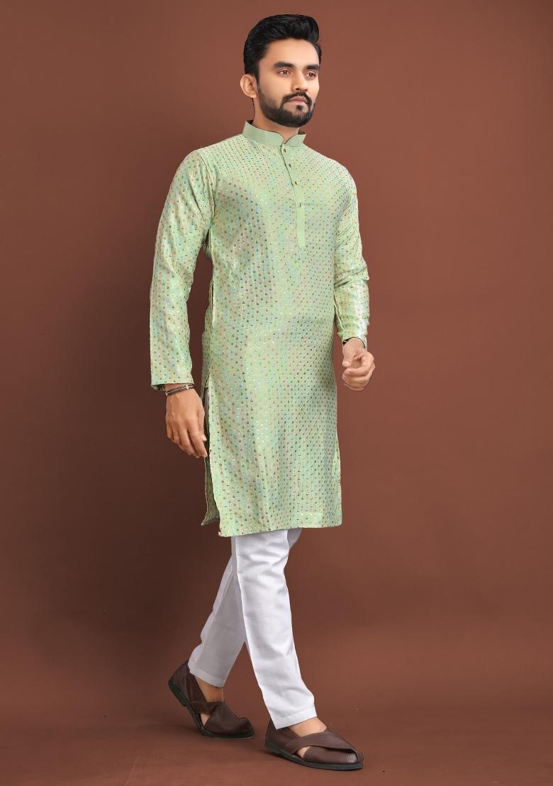 Green Embroidered Silk Kurta For Men - Indya