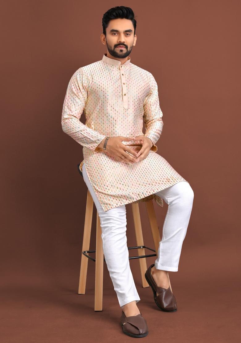 Pink Embroidered Silk Kurta For Men - Indya