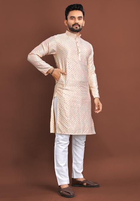 Pink Embroidered Silk Kurta For Men