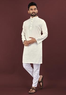 Beige Embroidered Silk Kurta For Men