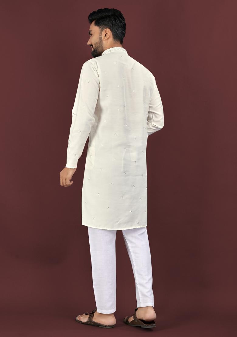 Beige Embroidered Silk Kurta For Men - Indya