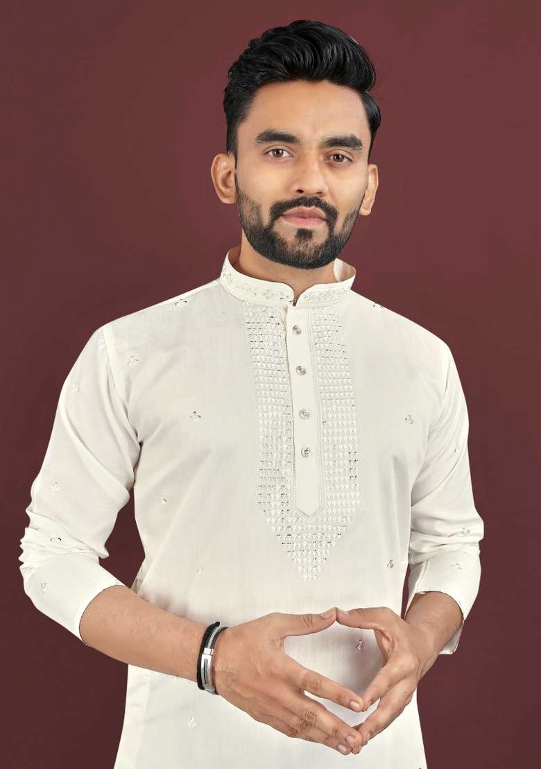 Beige Embroidered Silk Blend Kurta For Men - Indya