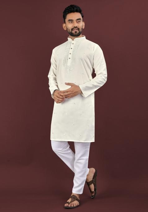 Beige Embroidered Silk Kurta For Men