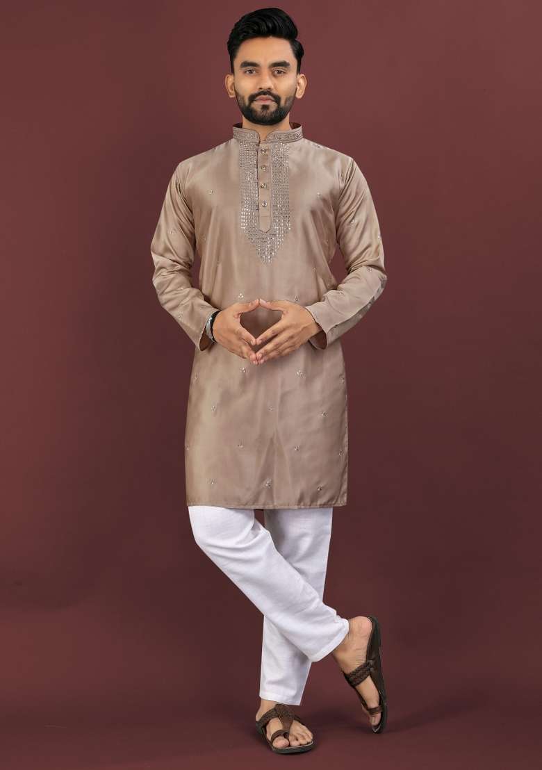 Brown Embroidered Silk Blend Kurta For Men - Indya