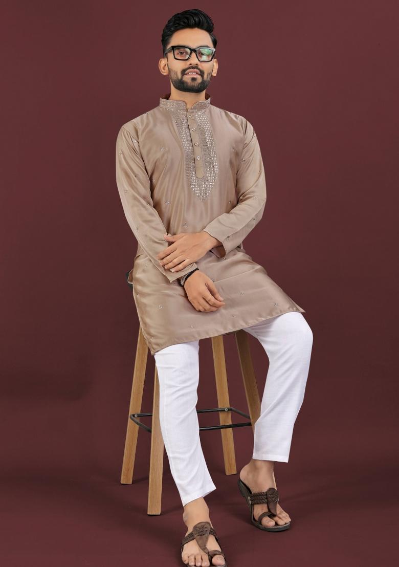 Brown Embroidered Silk Kurta For Men - Indya