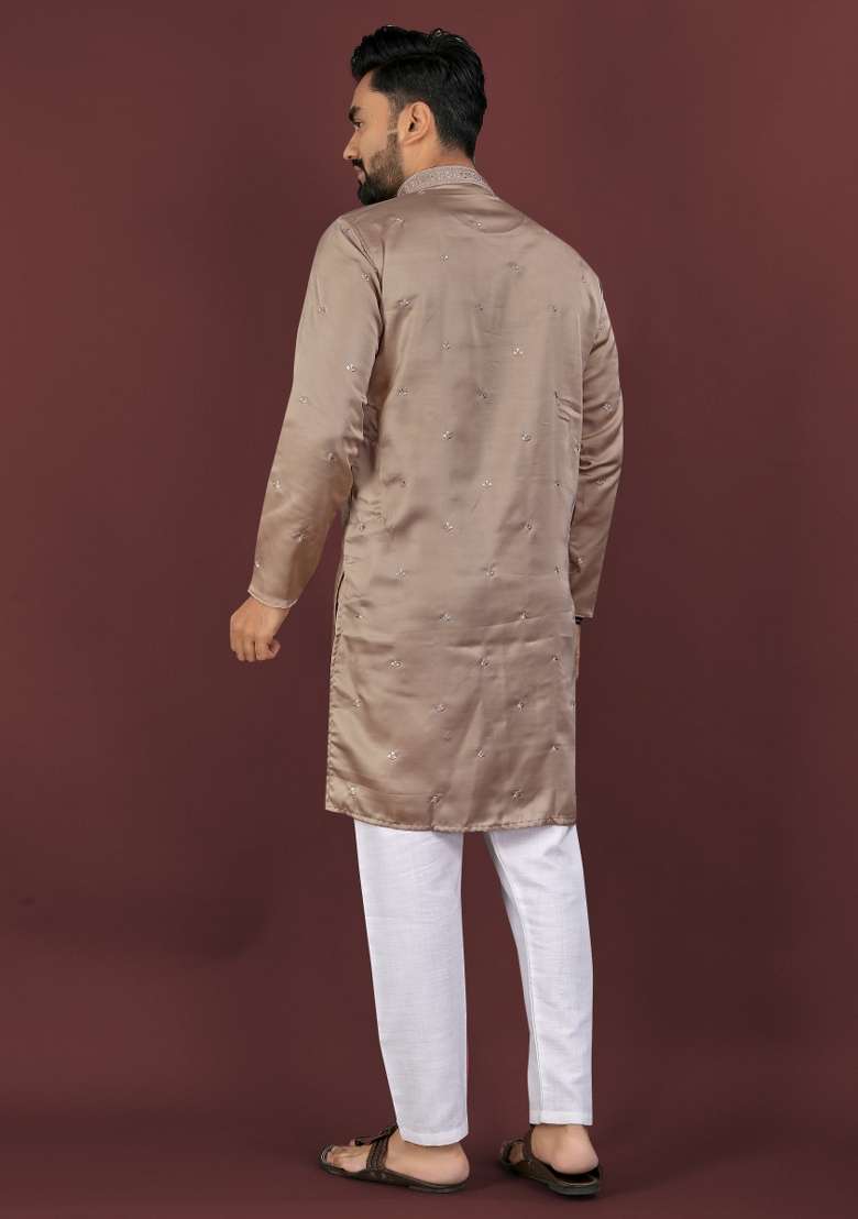 Brown Embroidered Silk Blend Kurta For Men - Indya