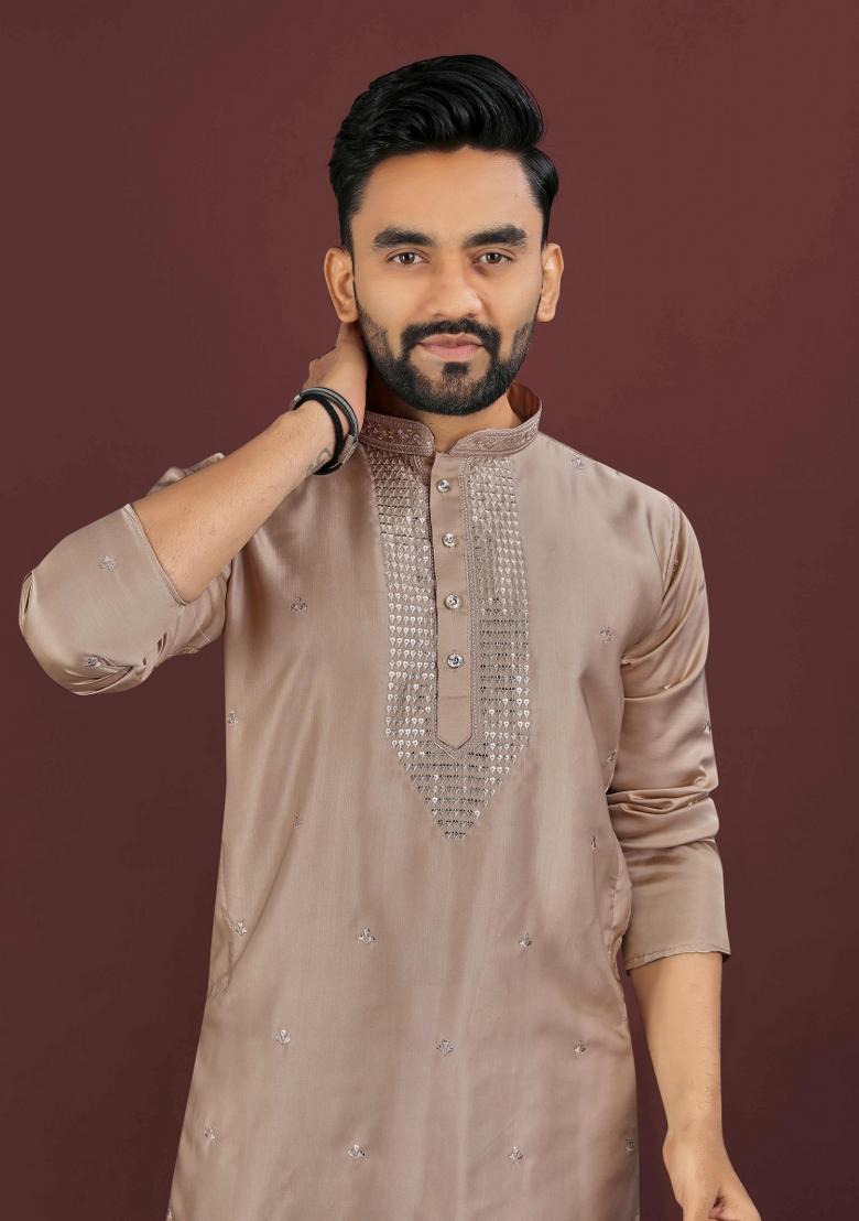 Brown Embroidered Silk Kurta For Men - Indya