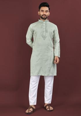 Green Embroidered Silk Kurta For Men
