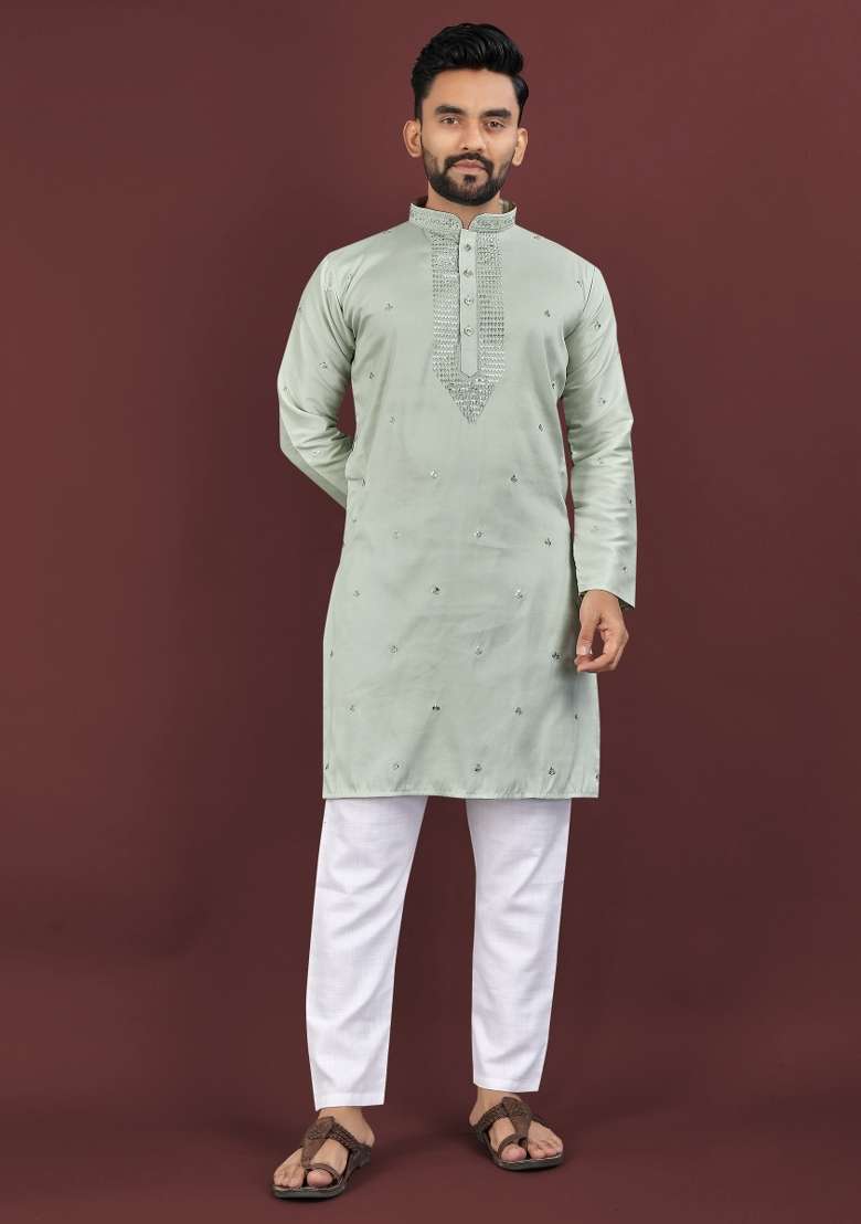 Green Embroidered Silk Blend Kurta For Men - Indya