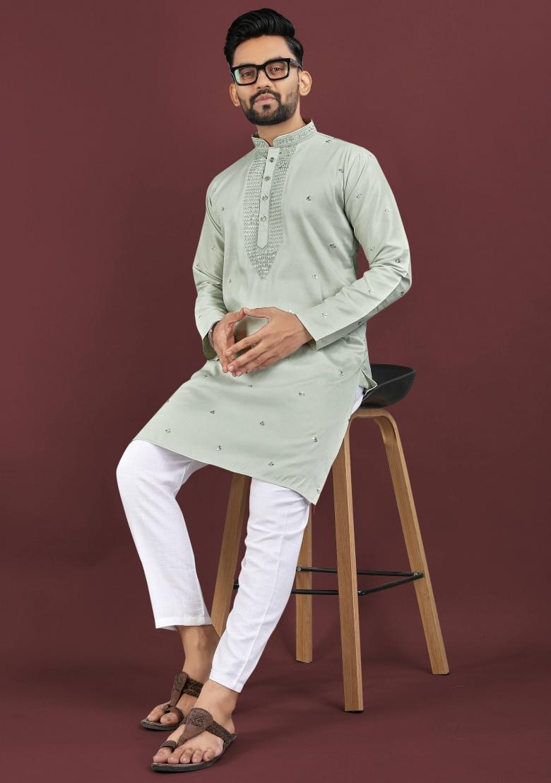 Green Embroidered Silk Kurta For Men - Indya