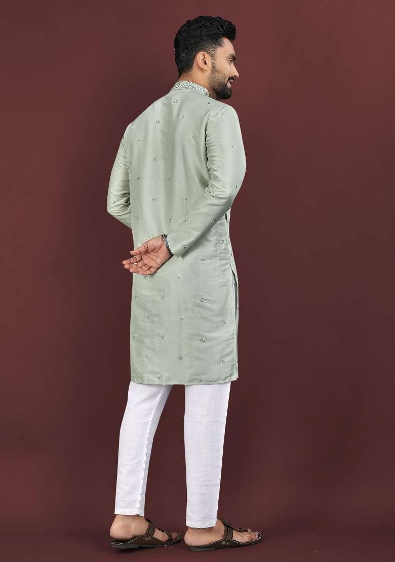 Green Embroidered Silk Blend Kurta For Men - Indya