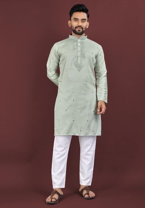 Green Embroidered Silk Kurta For Men