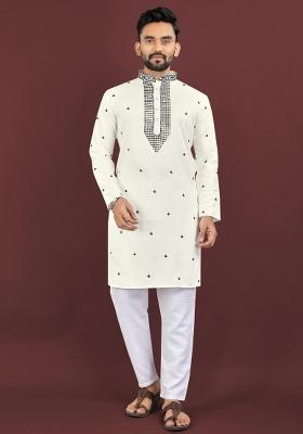 White Embroidered Silk Kurta For Men