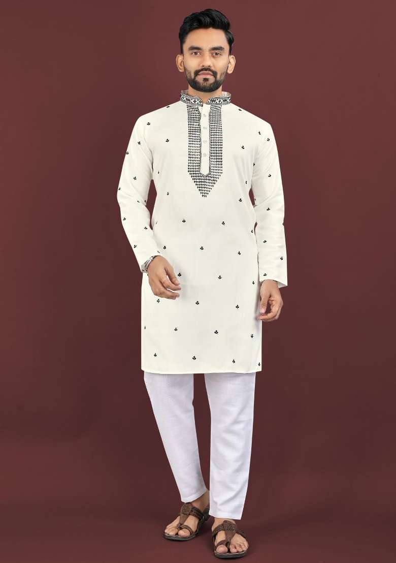 White Embroidered Silk Blend Kurta For Men - Indya