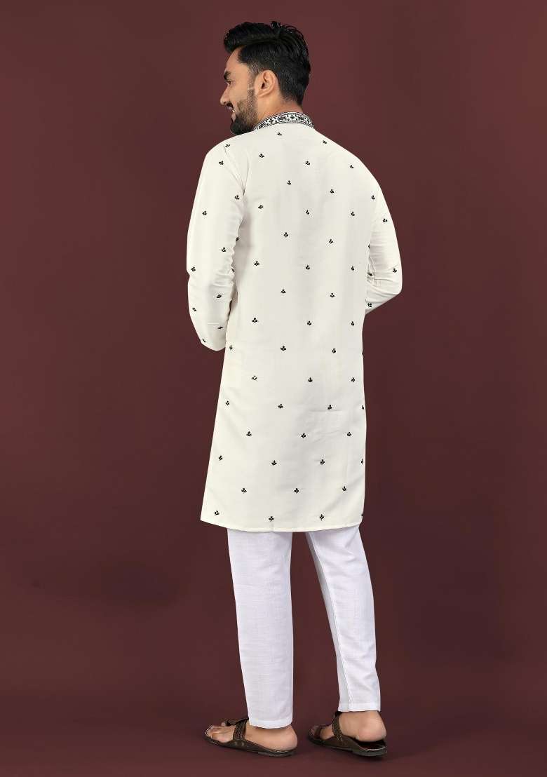 White Embroidered Silk Blend Kurta For Men - Indya