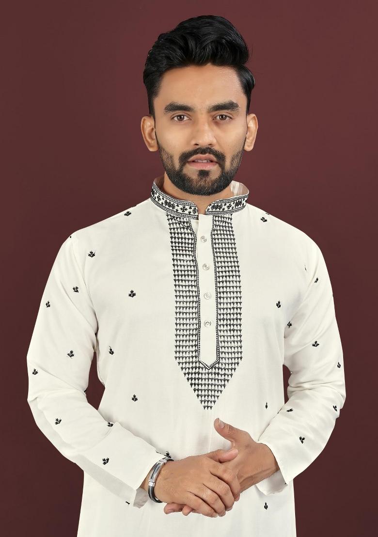 White Embroidered Silk Kurta For Men - Indya