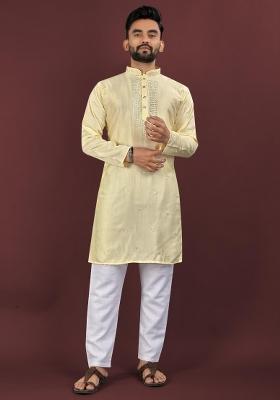 Yellow Embroidered Silk Kurta For Men