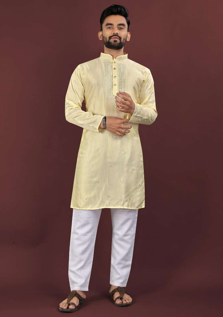 Yellow Embroidered Silk Blend Kurta For Men - Indya