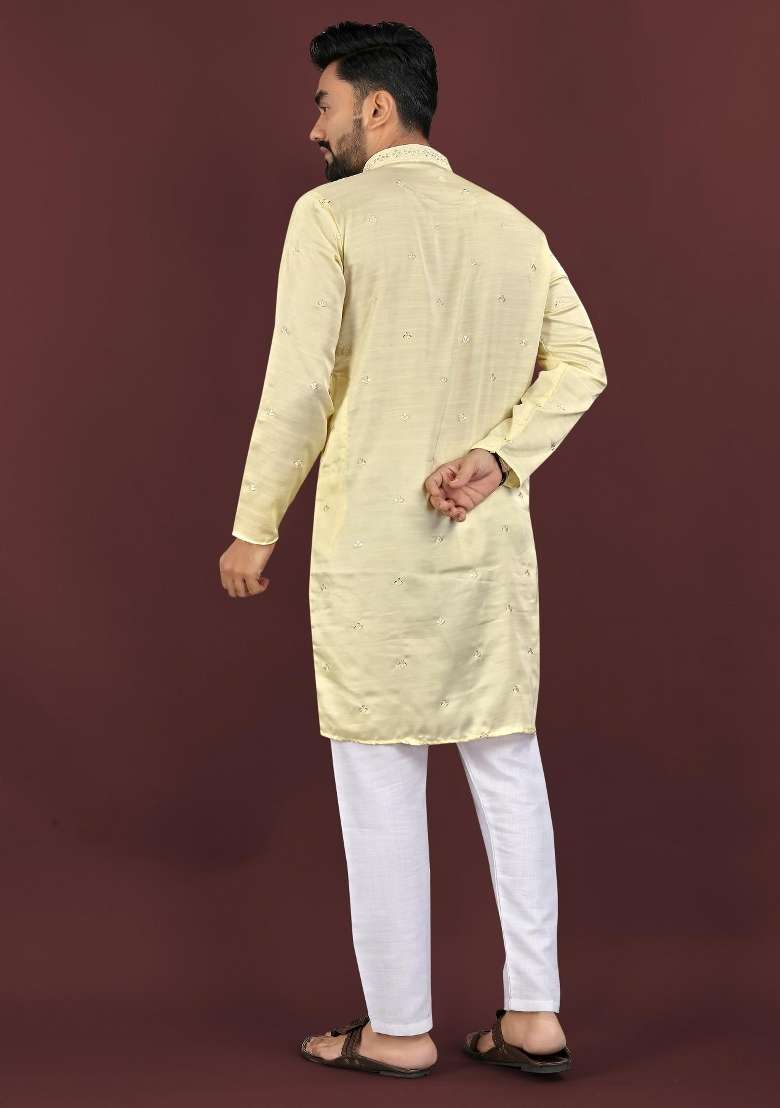 Yellow Embroidered Silk Blend Kurta For Men - Indya