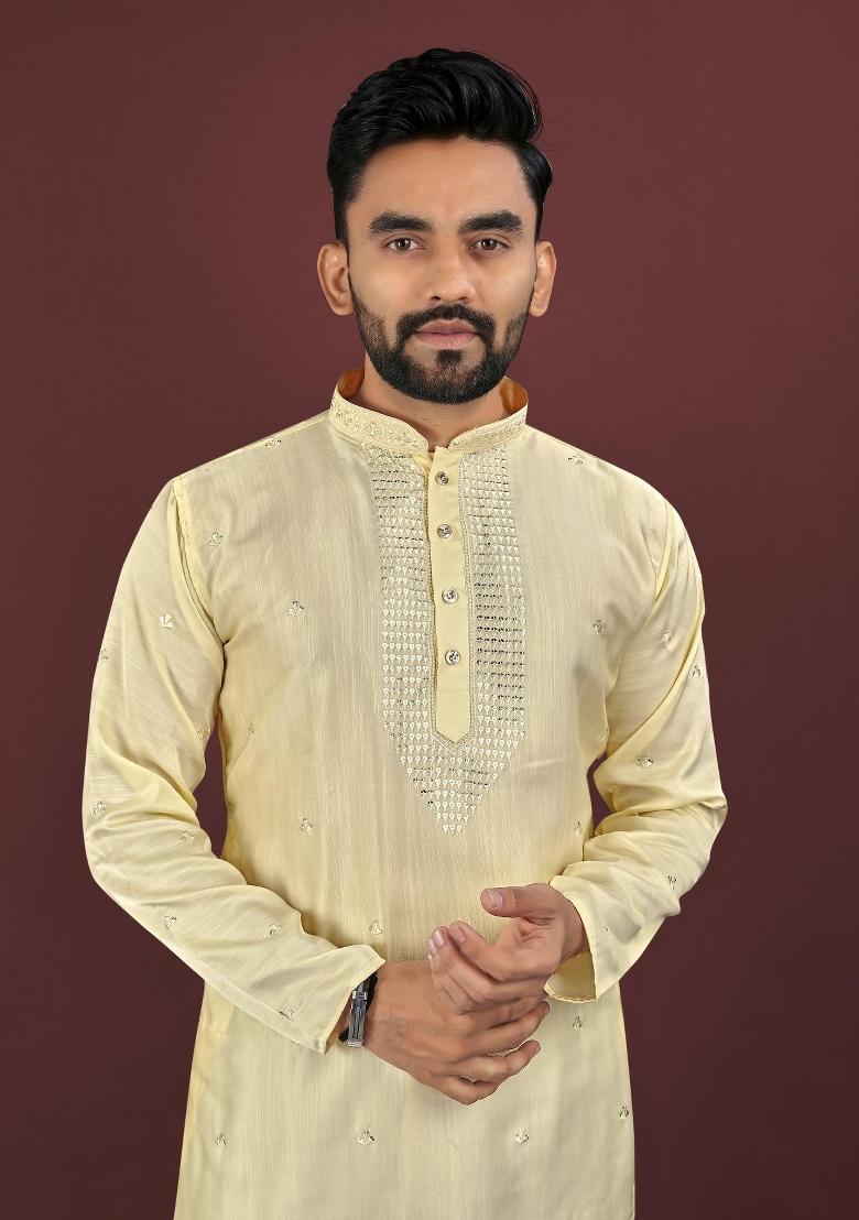 Yellow Embroidered Silk Kurta For Men - Indya