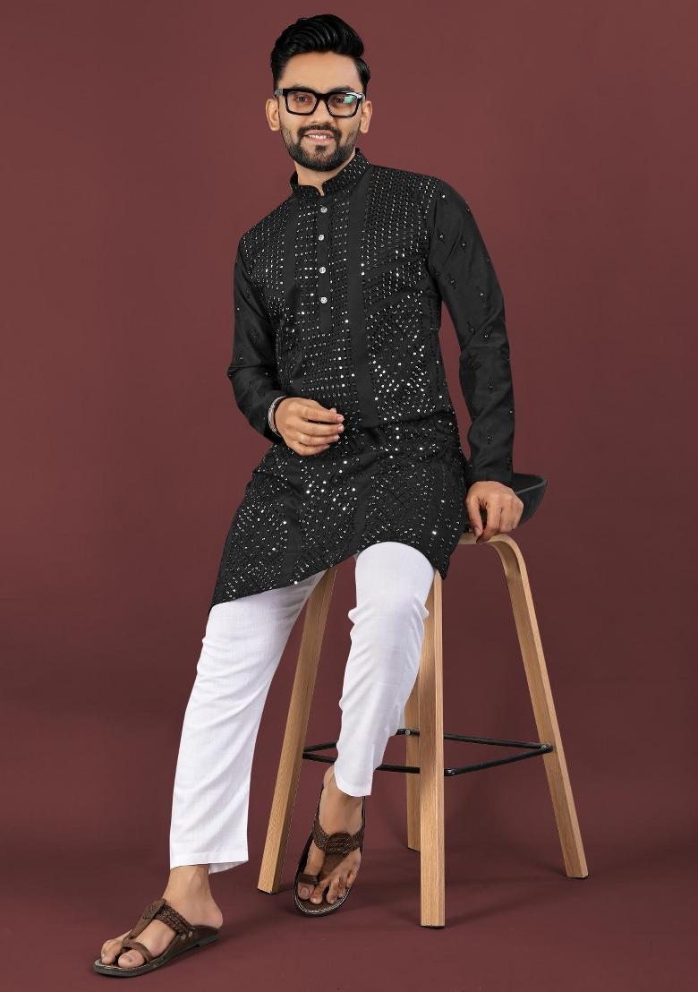 Black Embroidered Silk Kurta For Men - Indya