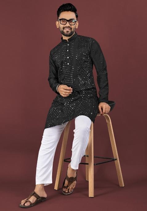 Black Embroidered Silk Kurta For Men