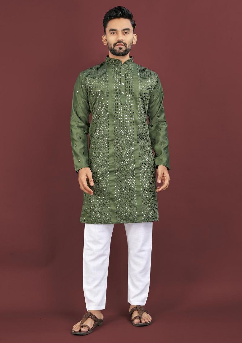 Green Embroidered Silk Kurta For Men