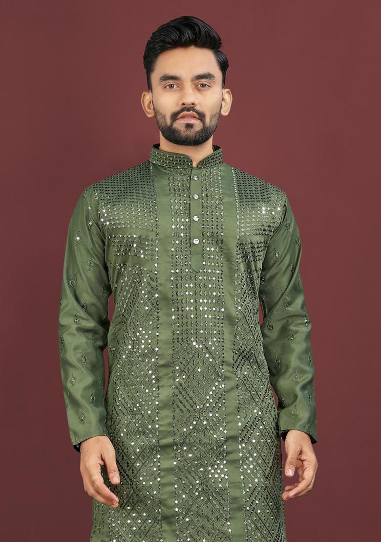 Green Embroidered Silk Kurta For Men - Indya