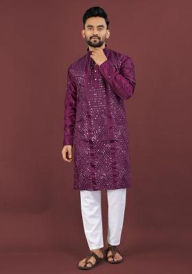 Purple Embroidered Silk Kurta For Men