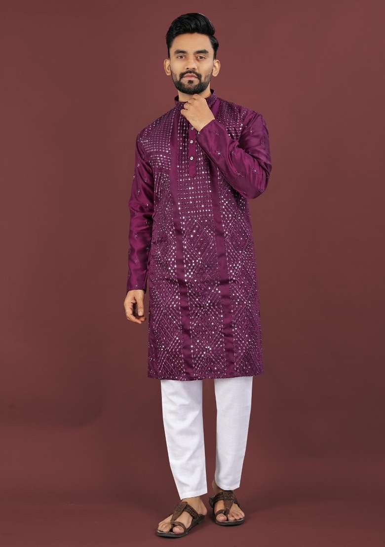 Purple Embroidered Silk Blend Kurta For Men - Indya