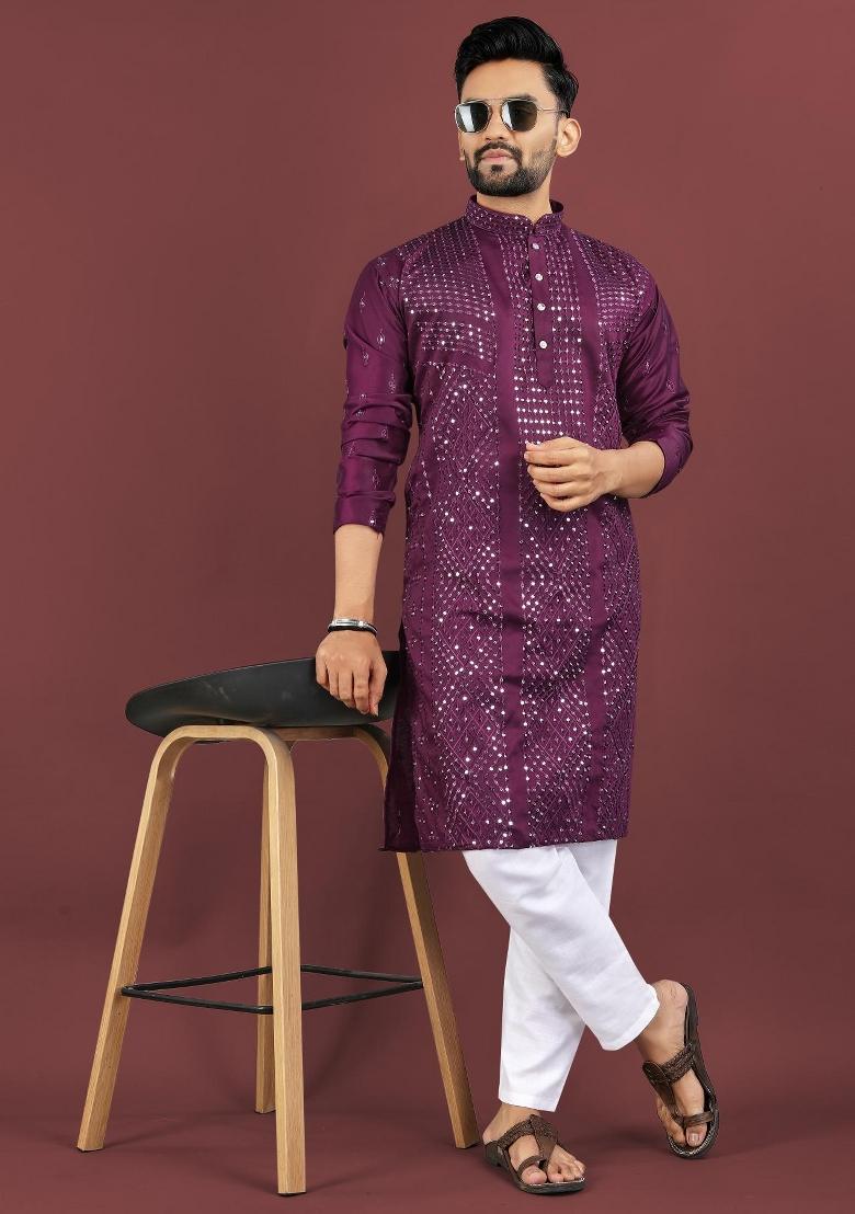 Purple Embroidered Silk Kurta For Men - Indya