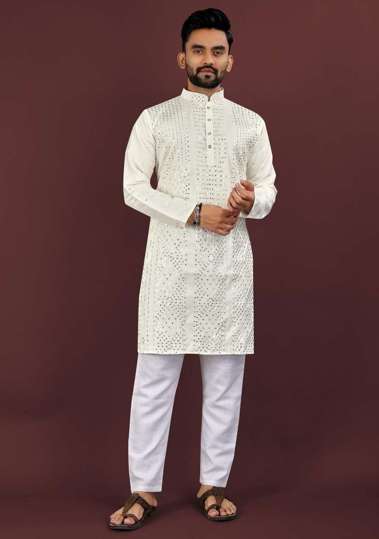 White Embroidered Silk Blend Kurta For Men - Indya
