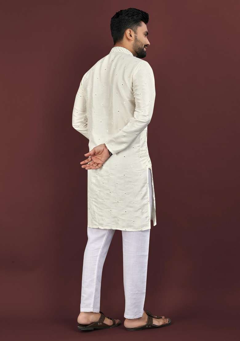 White Embroidered Silk Blend Kurta For Men - Indya