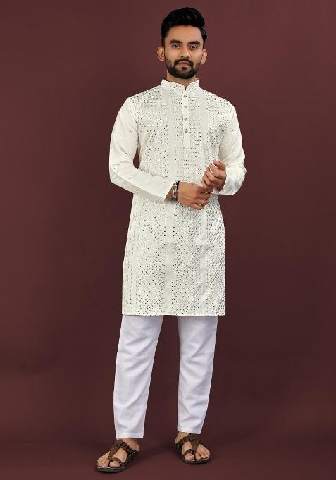 White Embroidered Silk Kurta For Men