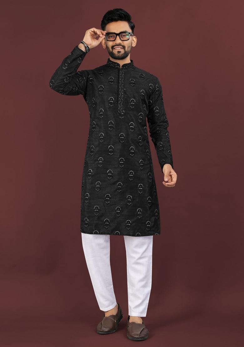 Black Embroidered Silk Kurta For Men - Indya