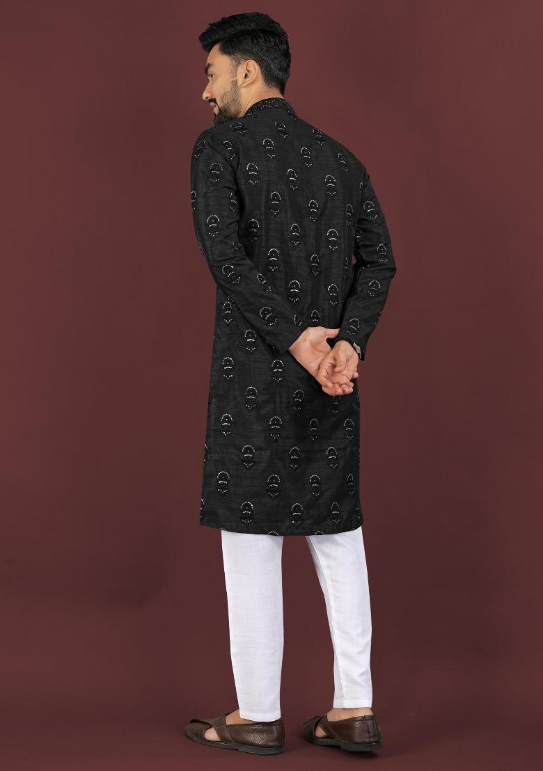 Black Embroidered Silk Kurta For Men