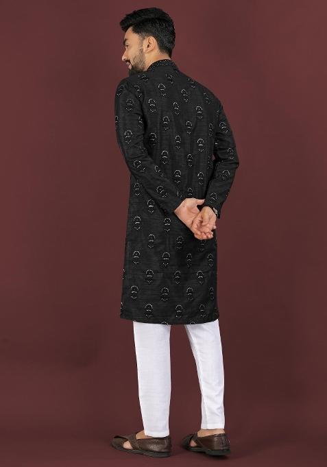 Black Embroidered Silk Kurta For Men