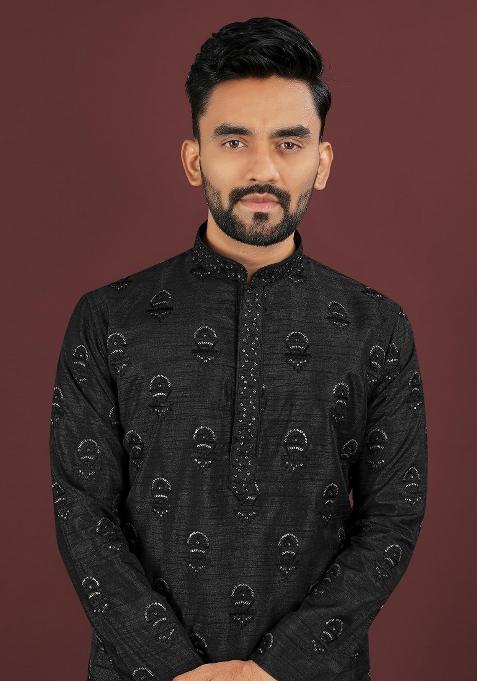 Black Embroidered Silk Kurta For Men