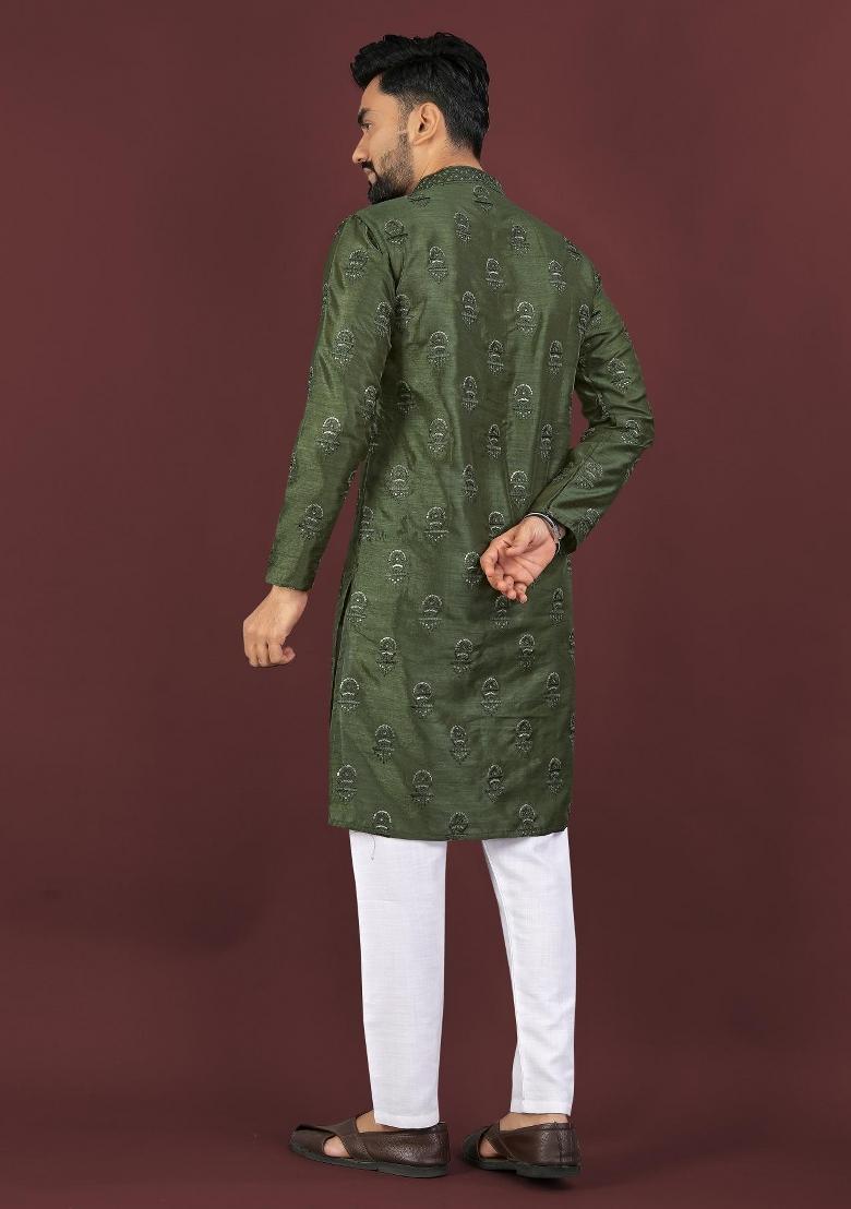 Green Embroidered Silk Kurta For Men