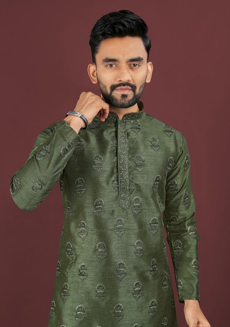 Green Embroidered Silk Kurta For Men - Indya