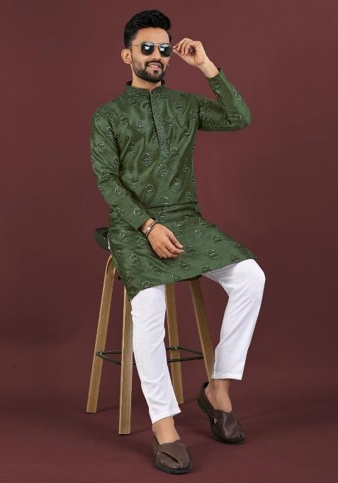 Green Embroidered Silk Kurta For Men